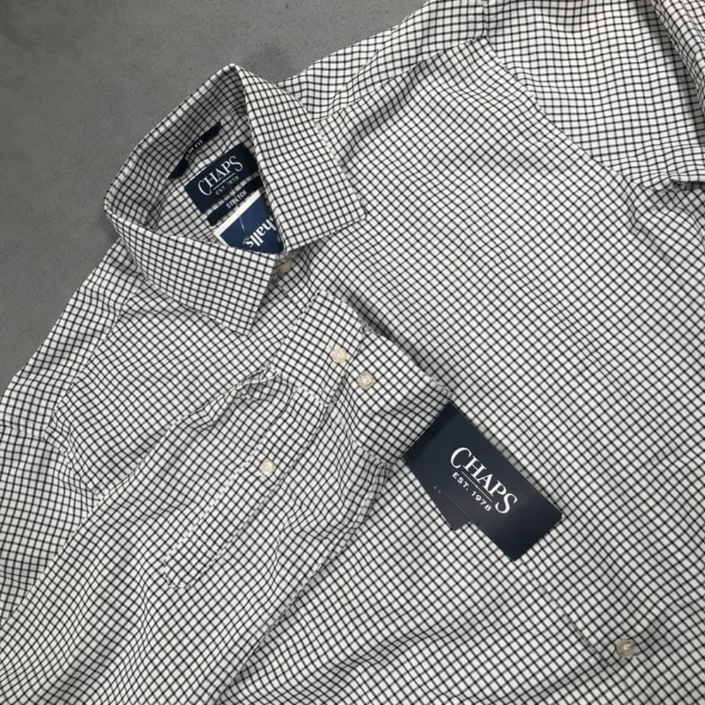 CHAPS Button Down Shirt Mens 15/15.5 34/35 Black White Check Performance Stretch
